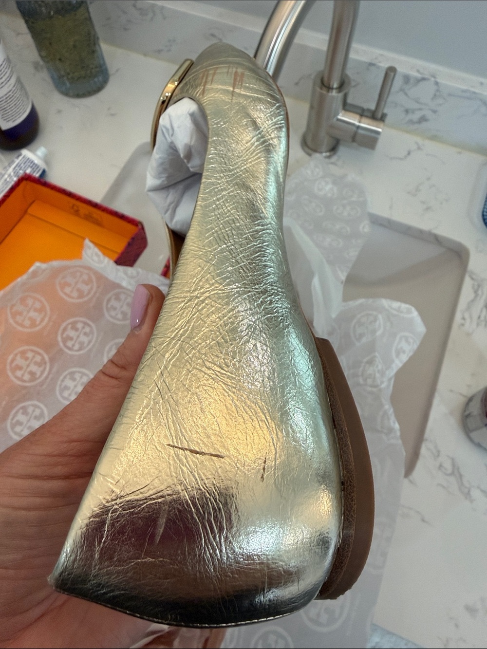 Tory Burch Metallic Gold Logo Ballet Flats - Picture 6 of 7